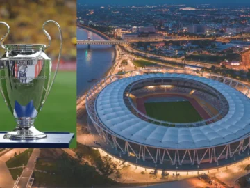 Supporters du PSG et d’Arsenal à Budapest avant la finale de Ligue des Champions au Puskás Aréna.