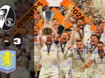 Aston Villa célèbre sa victoire contre Freiburg en Finale Europa League.