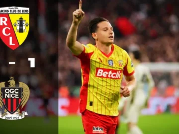 Florian Thauvin célèbre son but avec le RC Lens face à Nice en finale Coupe de France