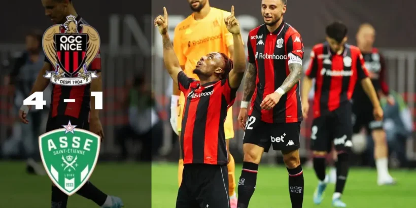 Elye Wahi célèbre son doublé lors de la victoire de Nice 4-1 contre Saint-Étienne à l'Allianz Riviera en finale de qualification Ligue 1.