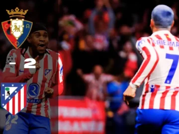 Les joueurs de l’Atlético Madrid célèbrent leur victoire 2-1 contre Osasuna à El Sadar.
