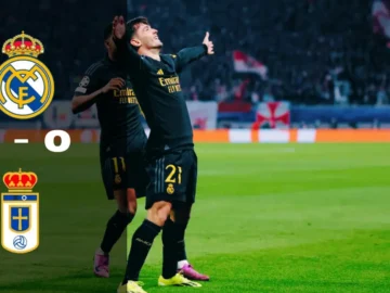 Brahim Díaz célèbre la victoire du Real Madrid contre le Real Oviedo au Bernabéu.