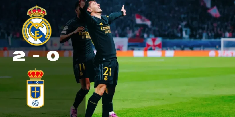 Brahim Díaz célèbre la victoire du Real Madrid contre le Real Oviedo au Bernabéu.