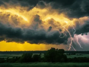 Éclairs de foudre dans un ciel d’orage accompagné de fortes pluies et de vents violents.