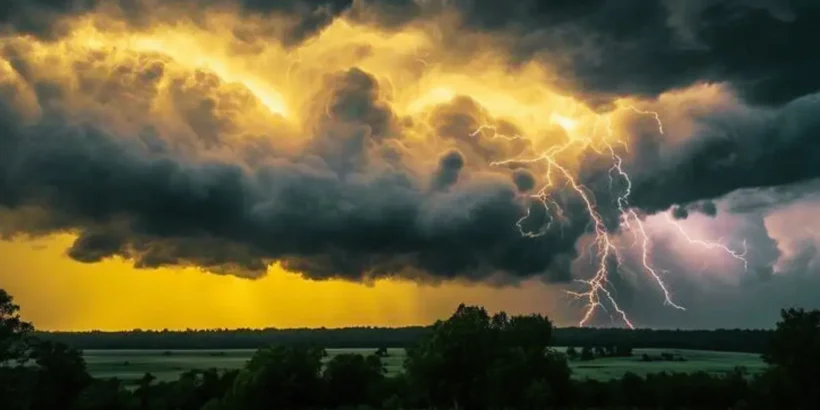 Éclairs de foudre dans un ciel d’orage accompagné de fortes pluies et de vents violents.