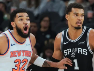 Victor Wembanyama en action face aux Knicks pendant le premier match des Finales NBA 2026 à San Antonio.