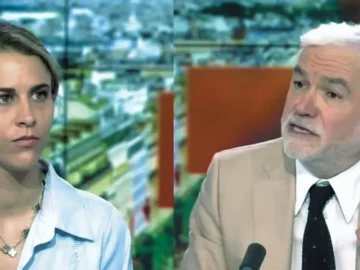 Sarah Saldmann échange avec Pascal Praud lors d’un débat télévisé tendu.